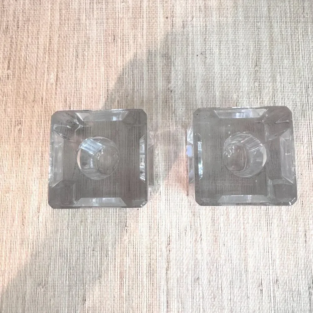 Vintage Pair MCM Art Deco Heavy Cut Crystal Block Candle Holders